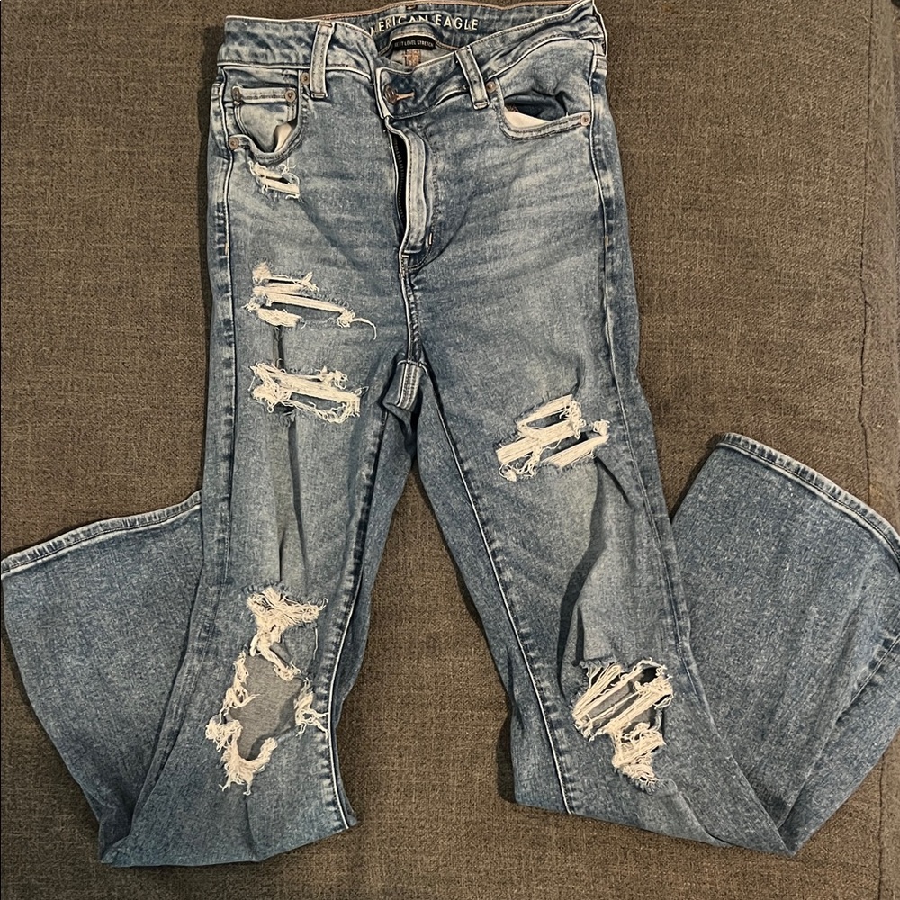 American Eagle Outfitters Light Blue Distressed Flare Jeans
